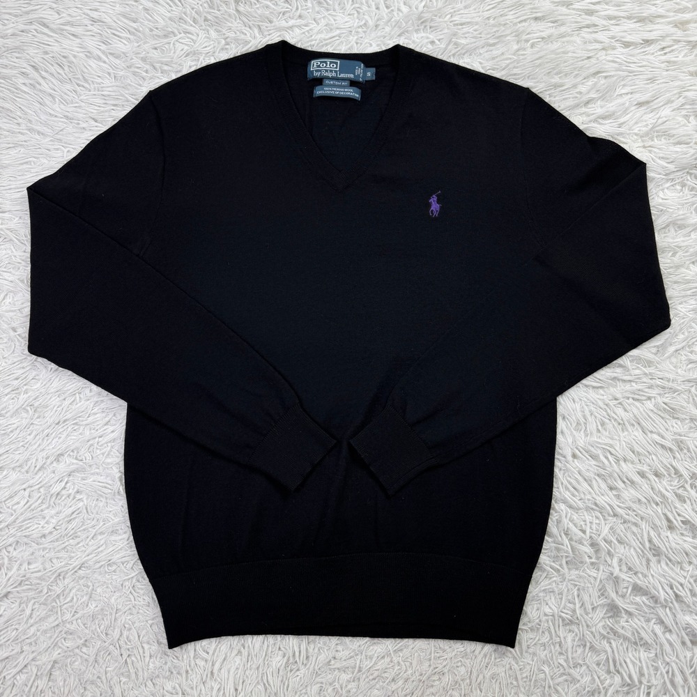Polo Ralph Lauren Sweater Mens Small Black 100% Merino Wool Italian Yarn V Neck